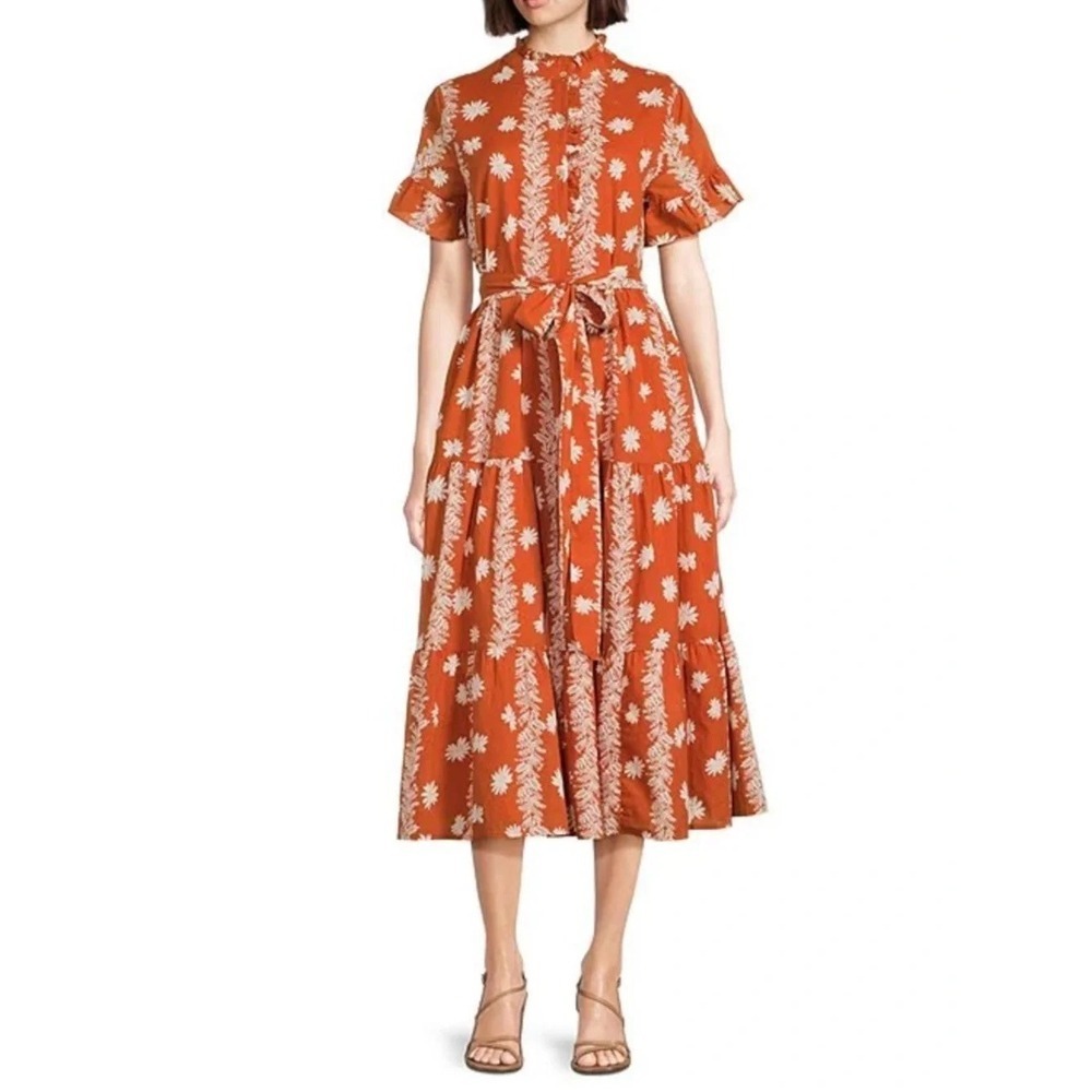 NWT!! J. MARIE Aubrey Floral Burnt Orange Floral Belted Cotton Midi Dress Large